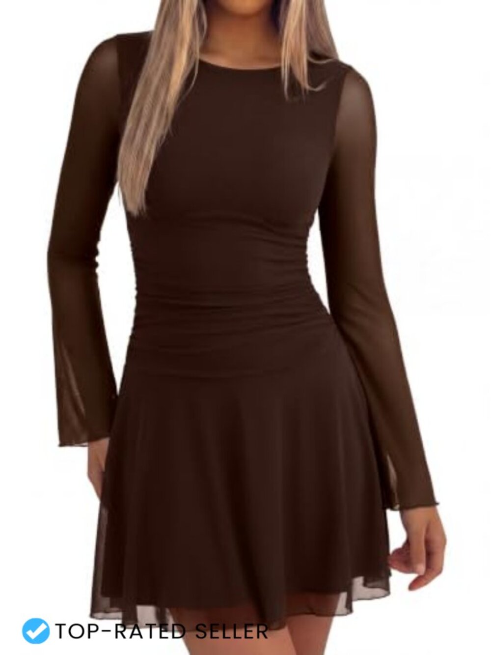 Women's Boat Neck Sheer Mesh Ruched Bell Sleeve Mini Dress